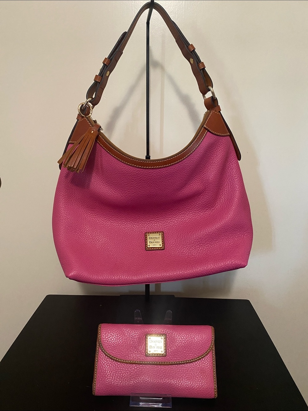 Dooney & Bourke Pink Pebble Leather Hobo with Brown Trim and Wallet